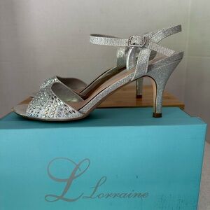 L Lorraine Silver NICI glittery rhinestone Strappy Heels! Wedding! Prom! 10 M